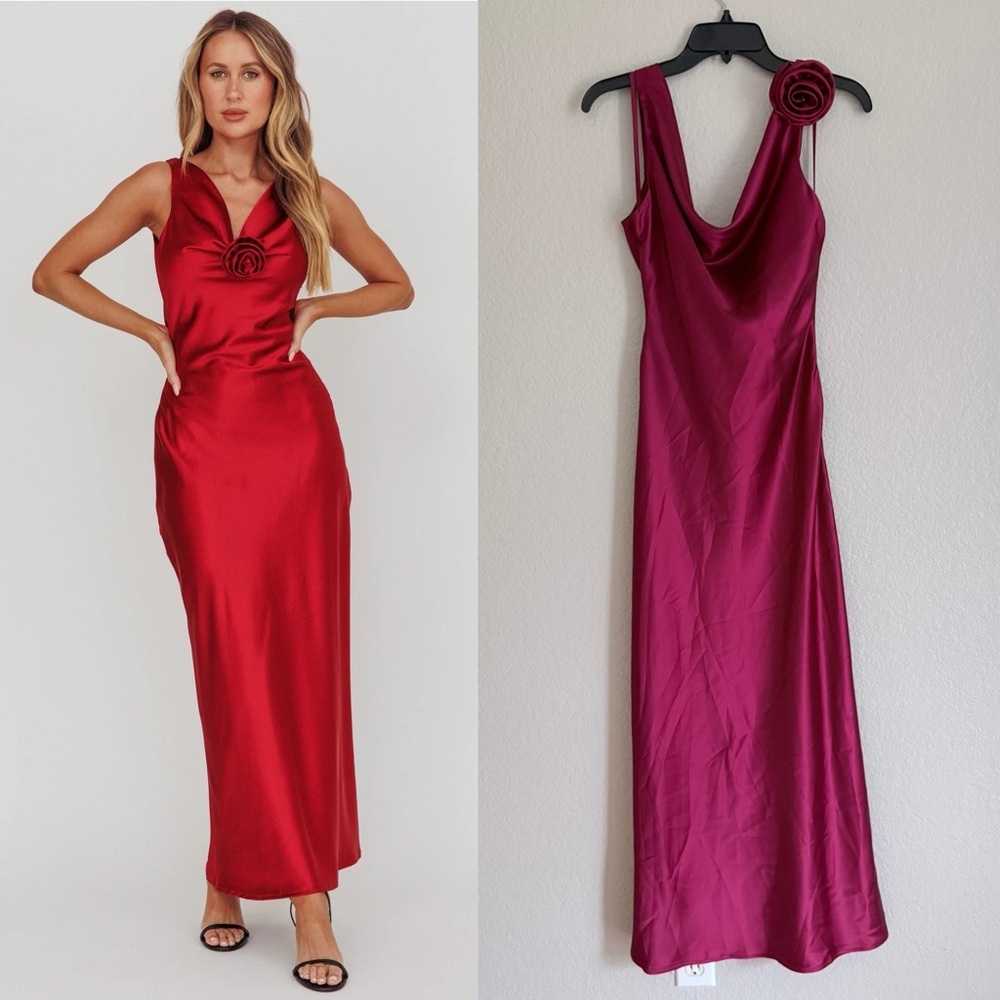 Satin Cowl Neck Maxi Dress with Rose Detail - Red